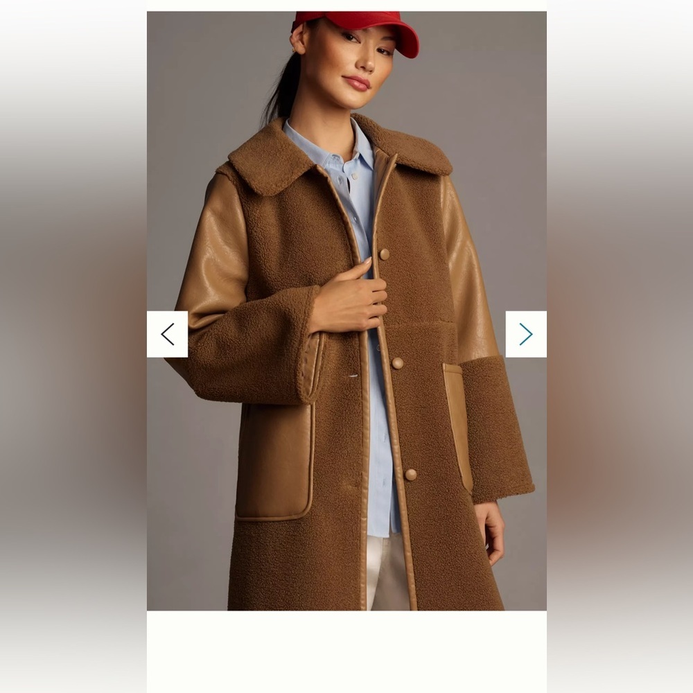Avec Les Filles Brown Faux-Shearling Trench Coat with Leather Trim - Picture 3 of 4